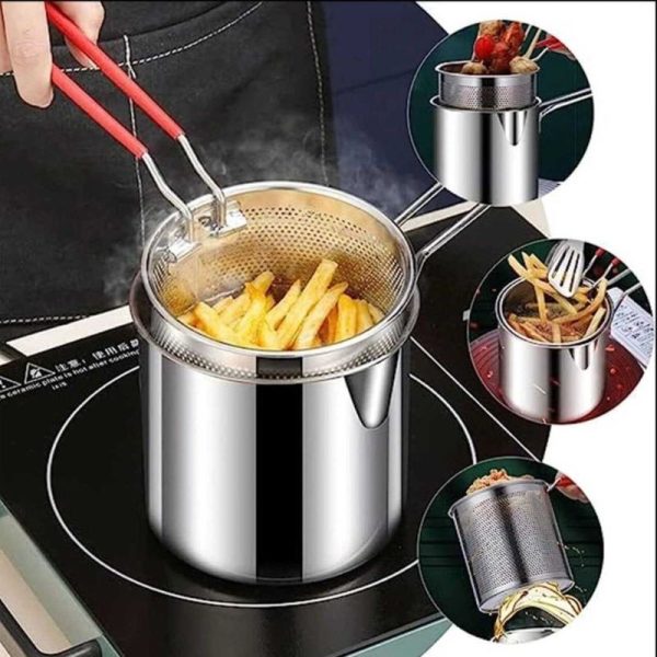 Stainless Steel Deep Fryer Pot With Strainer – Frying Pan – 1200ml Oil Capacity