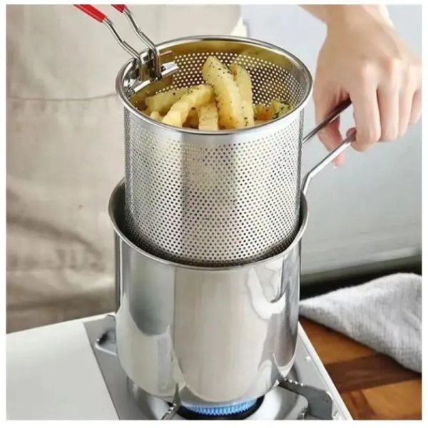 Stainless Steel Deep Fryer Pot With Strainer – Frying Pan – 1200ml Oil Capacity