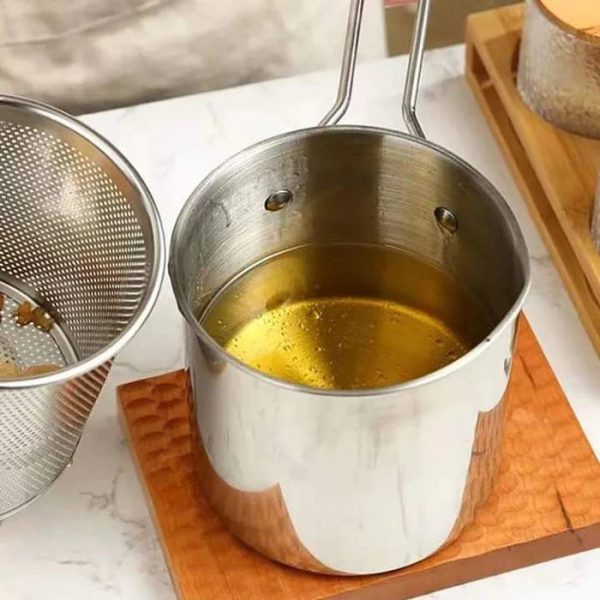 Stainless Steel Deep Fryer Pot With Strainer – Frying Pan – 1200ml Oil Capacity